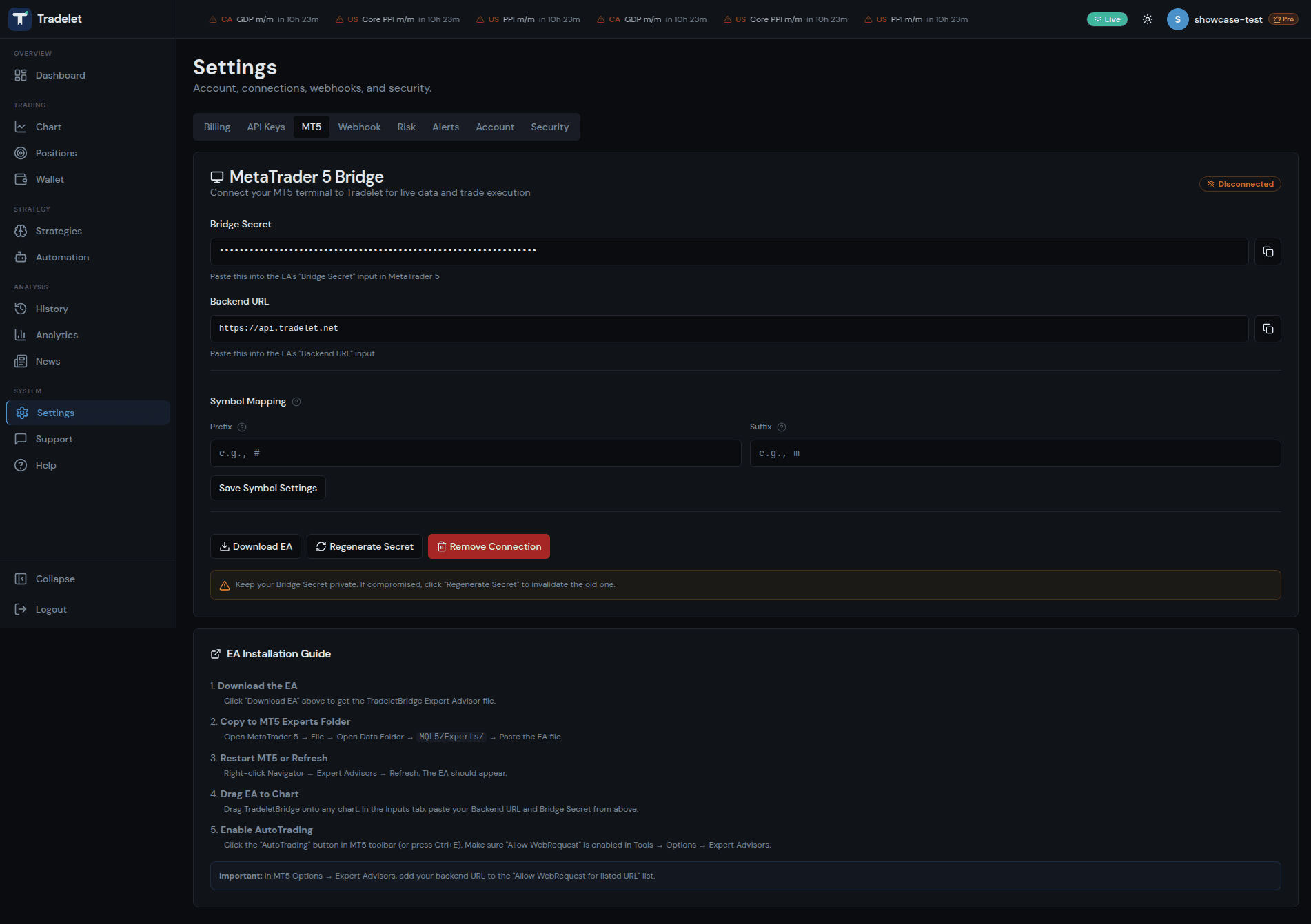 MetaTrader 5 bridge with EA download, secret, and symbol mapping