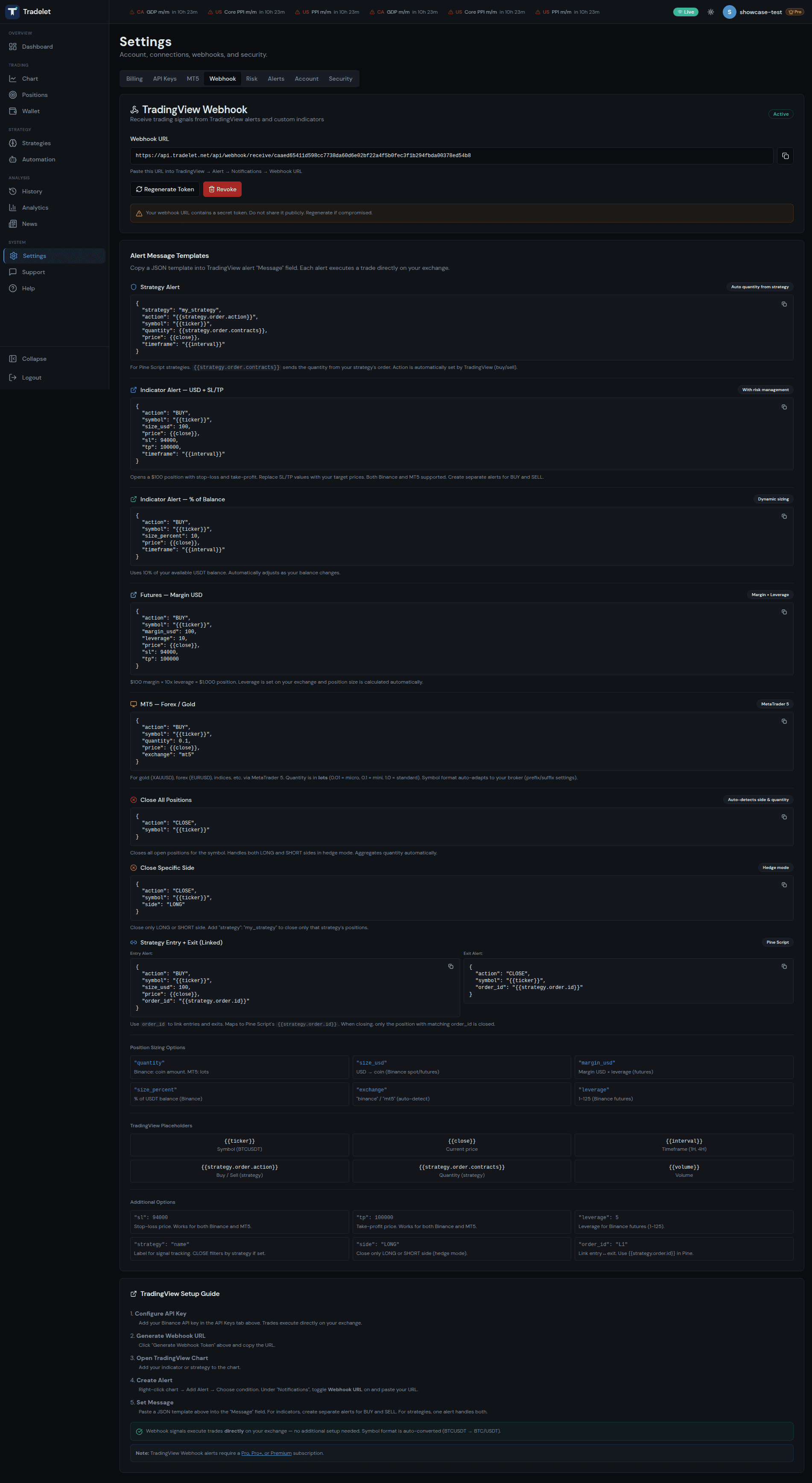TradingView webhook with JSON templates and setup guide