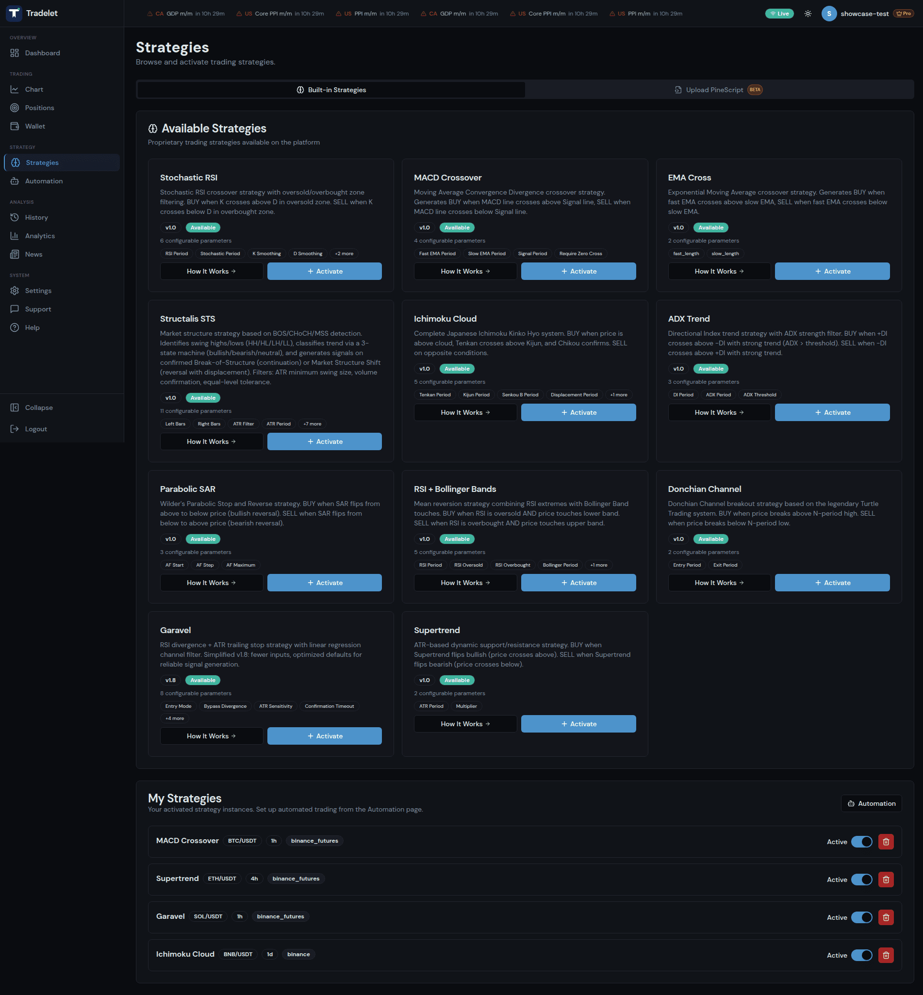 Strategy marketplace with 11 built-in strategies