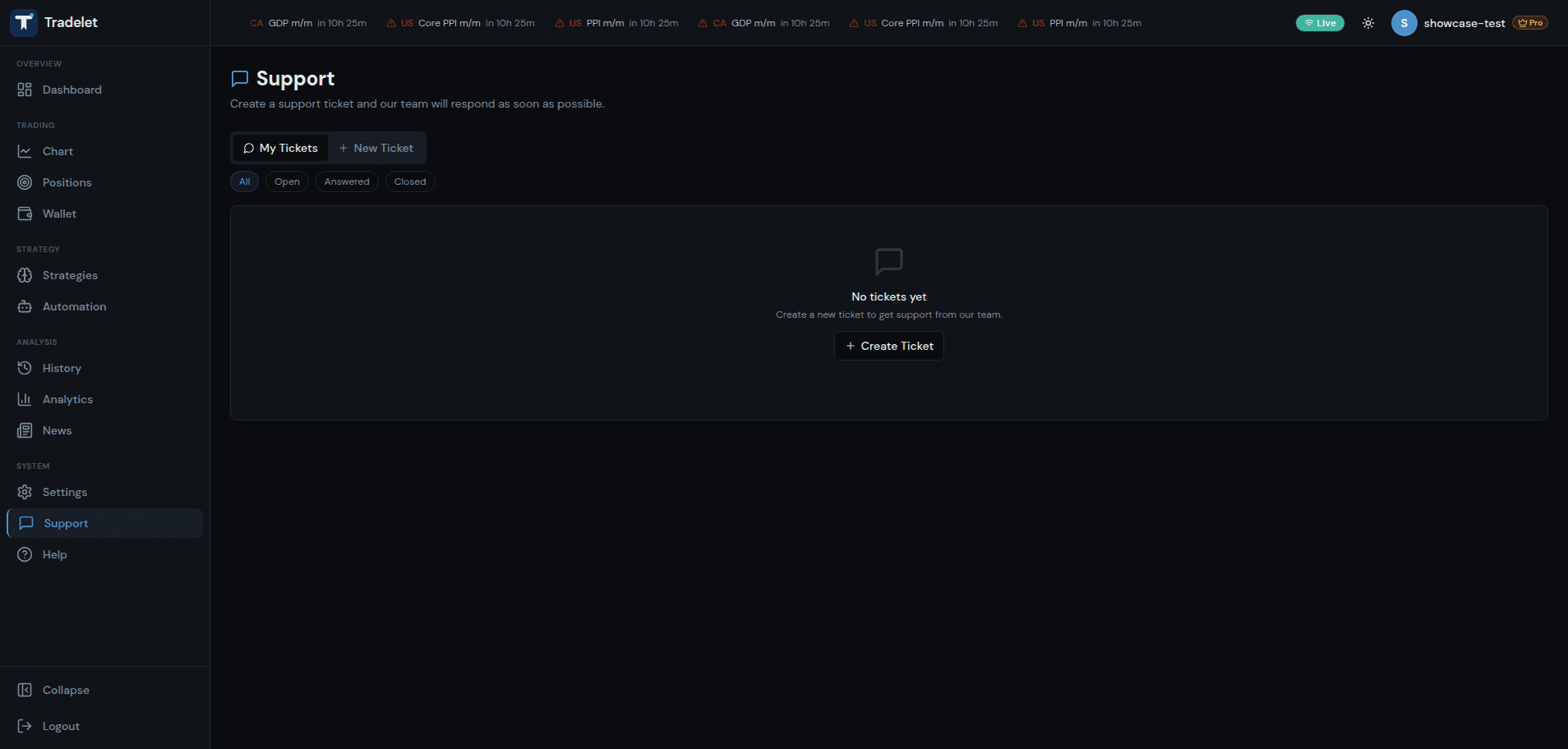 Support ticket system with status filtering